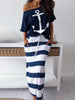 2019 Summer Plus Size Elegant Vacation Leisure Two-pieces Suit Sets Ladies Boat Anchor Print T-Shirt & Striped Maxi Skirt Sets