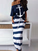 2019 Summer Plus Size Elegant Vacation Leisure Two-pieces Suit Sets Ladies Boat Anchor Print T-Shirt & Striped Maxi Skirt Sets